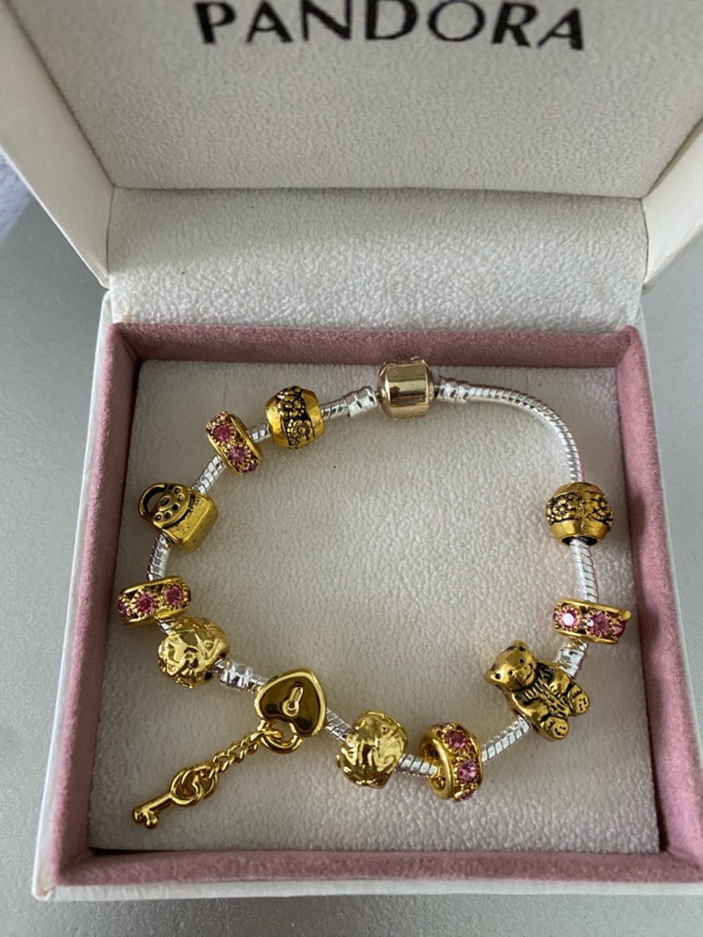 New 18k yellow white gold pandora style bracelet